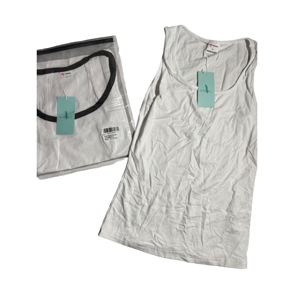 NWT‎ Wiholl Womens 2 Pack Lot M Ribbed Tank Tops White Black Trim Scoop Neck NEW